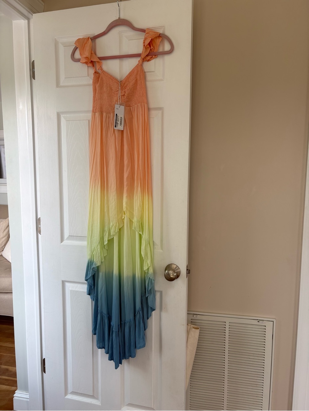 Tiare Hawaii Peach to Lime to Blue Ombre High-Low Maxi Dress